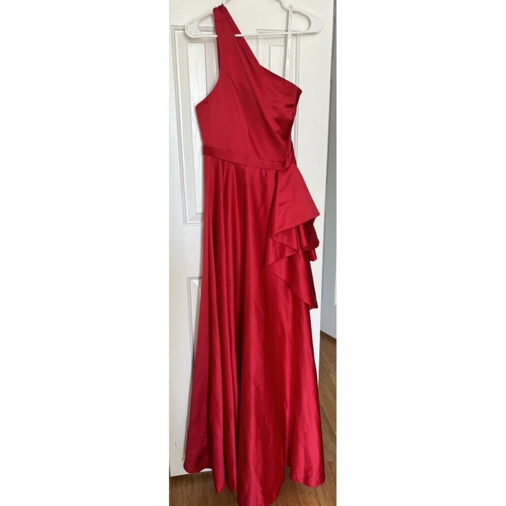 David's Bridal Size 2 One Shoulder Asymmetric Satin Cascade Gown High Slit